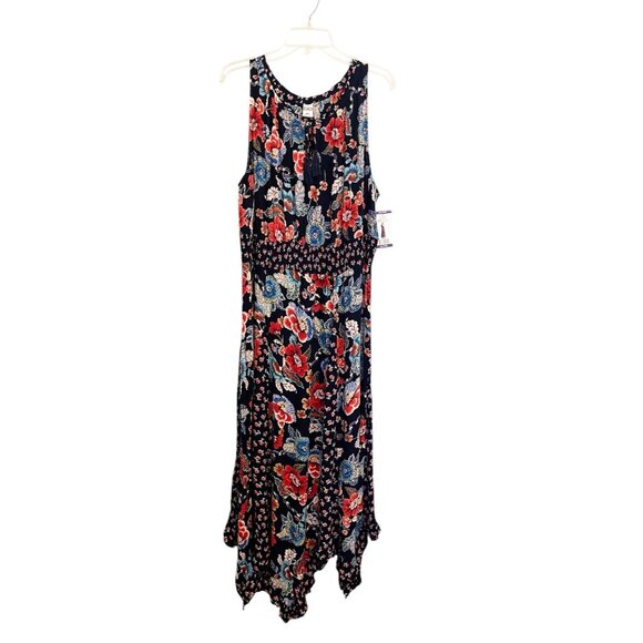 Bila XXL Navy Floral Boho Handkerchief Hem Maxi Dress 100% Rayon NWT Resort Wear - Picture 2 of 11
